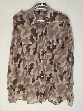 Max Volmary silk camo button down shirt women 14 brown/beige sequence semi sheer